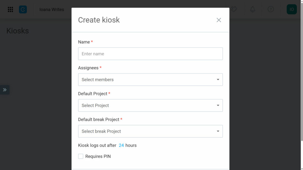 Screenshot of Clockify&rsquo;s Kiosk creation screen.