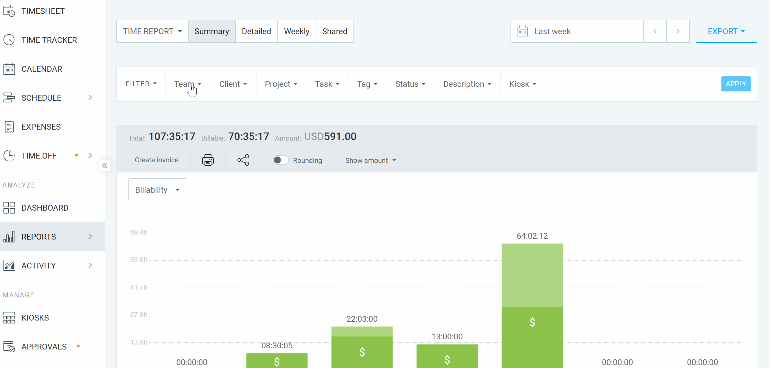 A GIF showing how I built a report in Clockify by selecting an employee from the Team filter and a project from the Project filter, then clicking Apply.