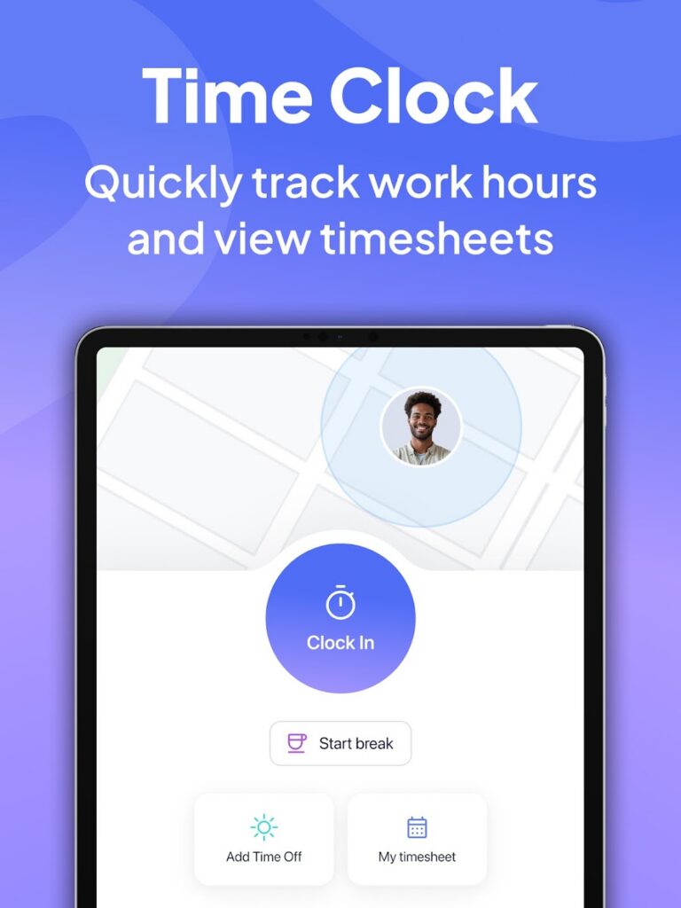 Connecteam time clock app on a kiosk tablet showing clock-in, break tracking, time off, and employee timesheet access.