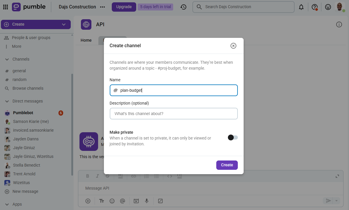 Screenshot showing create channel popup