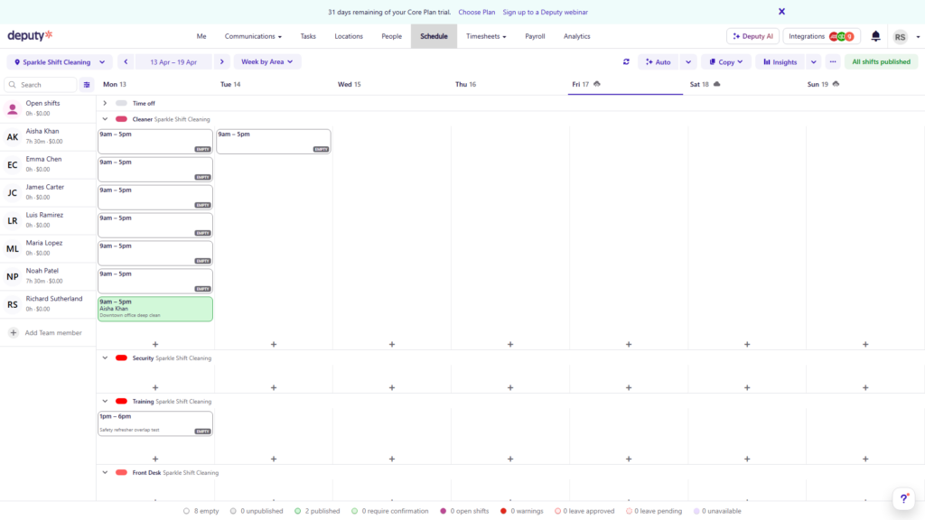 You can see work sites, assigned shifts, and publication status on Deputy&rsquo;s scheduler view.