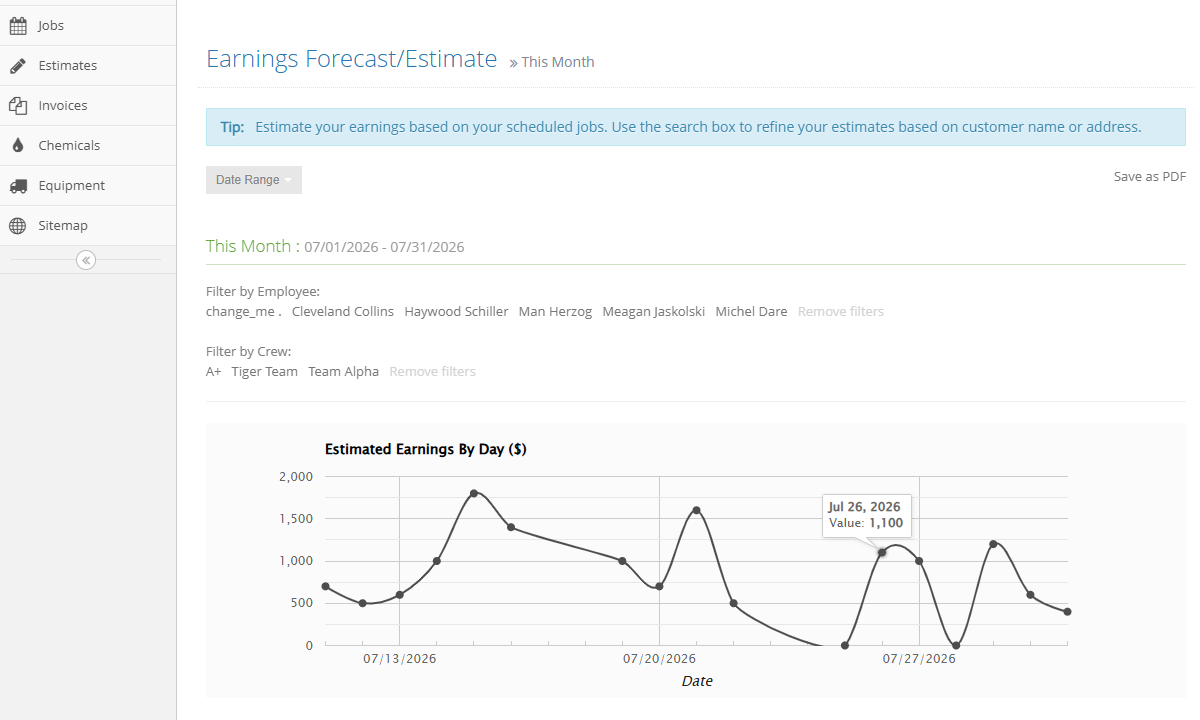 Screenshot showing the earning estimate reports.
