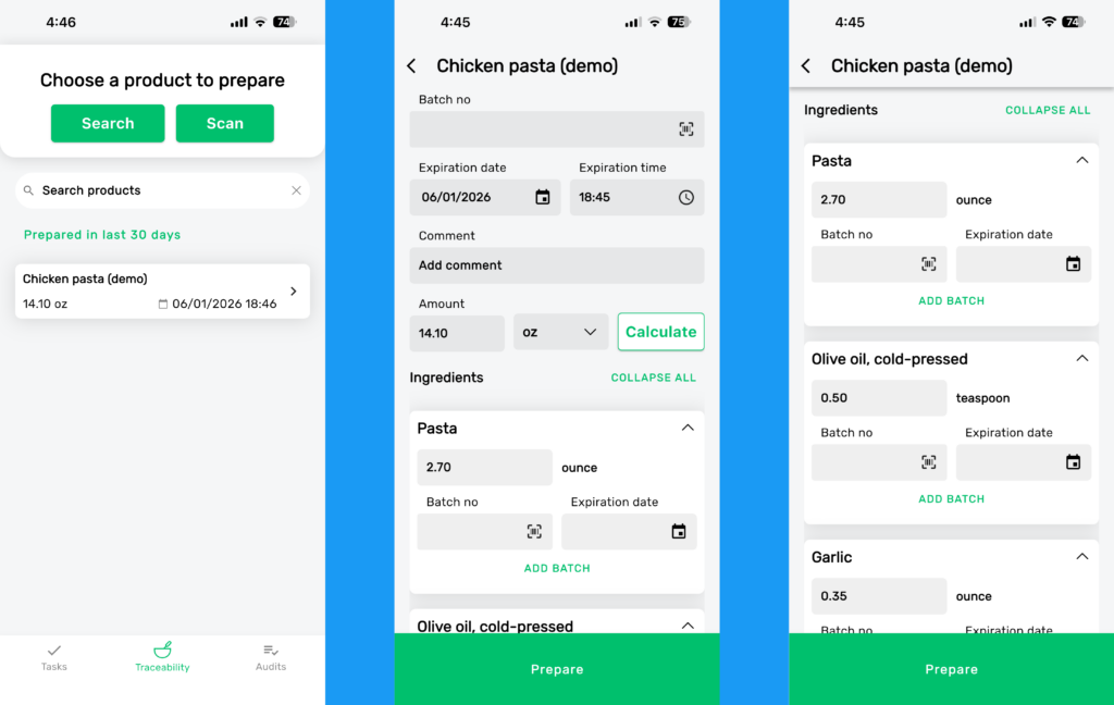 An image of the FoodDocs traceability feature on the mobile app, showcasing the search or scan feature, and highlighting how the feature works by tracking the ingredients of chicken pasta.