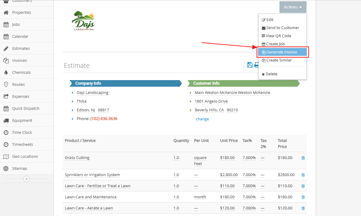Screenshot showing how to generate invoice from estimates.