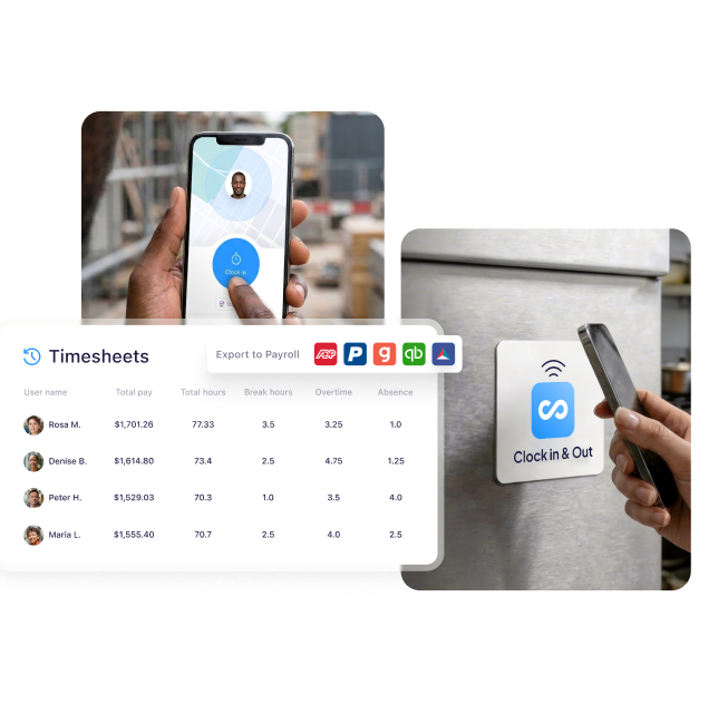 Connecteam showing mobile GPS time tracking, contactless NFC clock-in, and timesheet export to payroll providers.