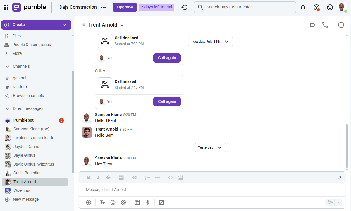 Screenshot showing Pumble
