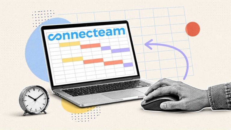 Illustration showing a laptop screen with a spreadsheet and the Connecteam logo