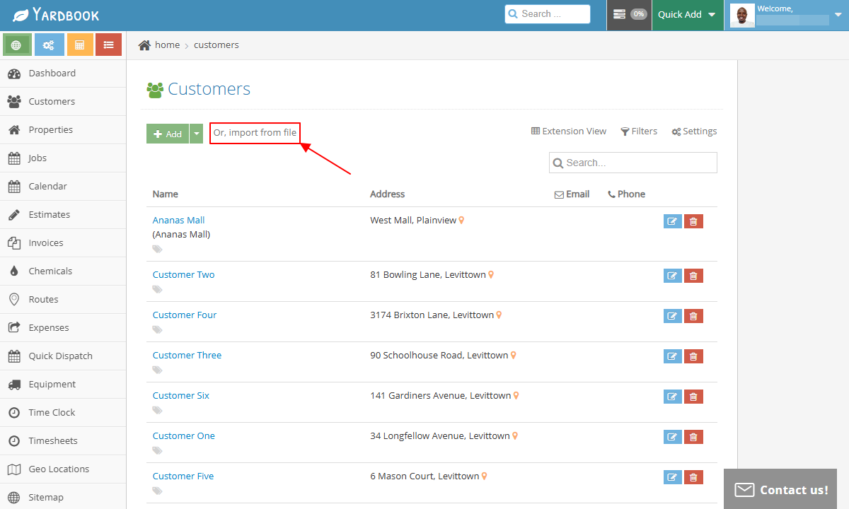 Screenshot showing Yardbook's customer page.