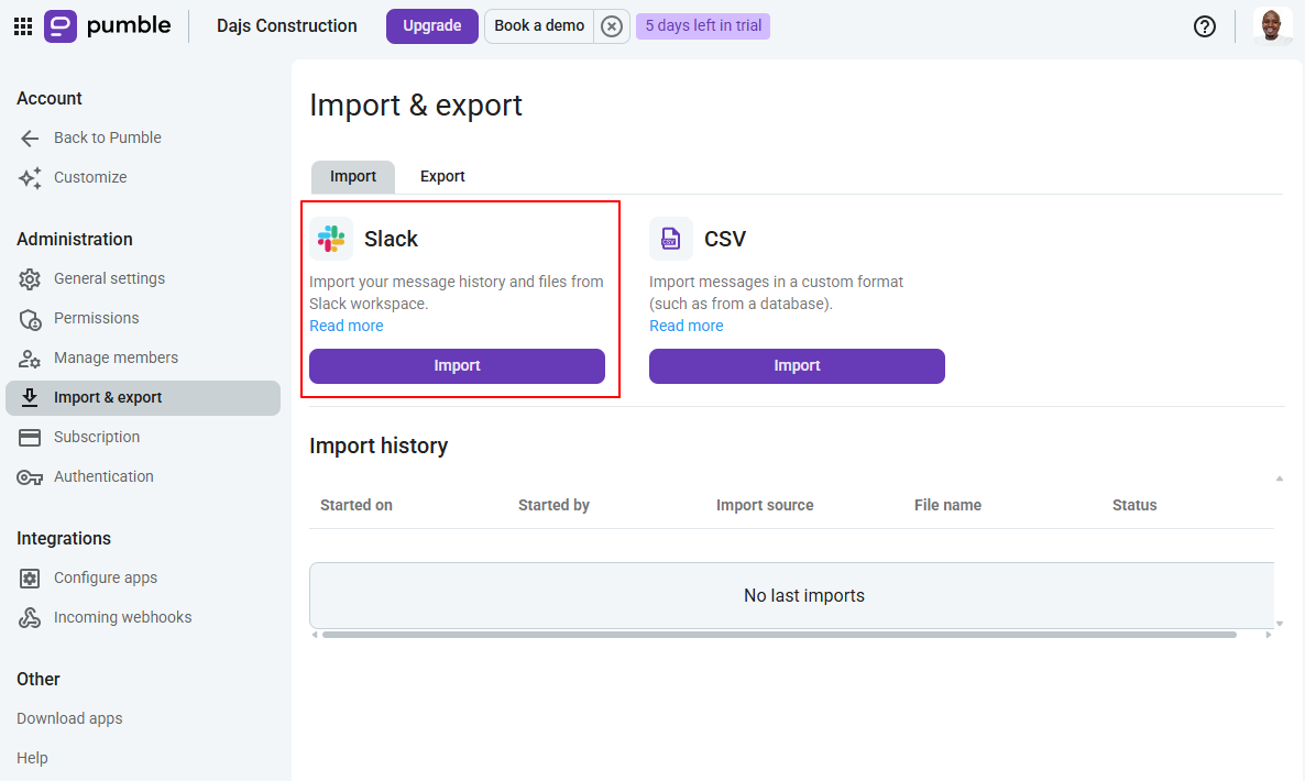 Screenshot showing import from Slack option