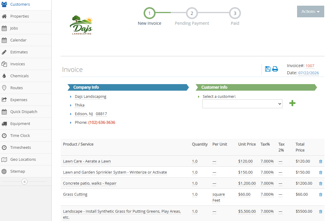 Screenshot showing a sample Yardbook invoice.