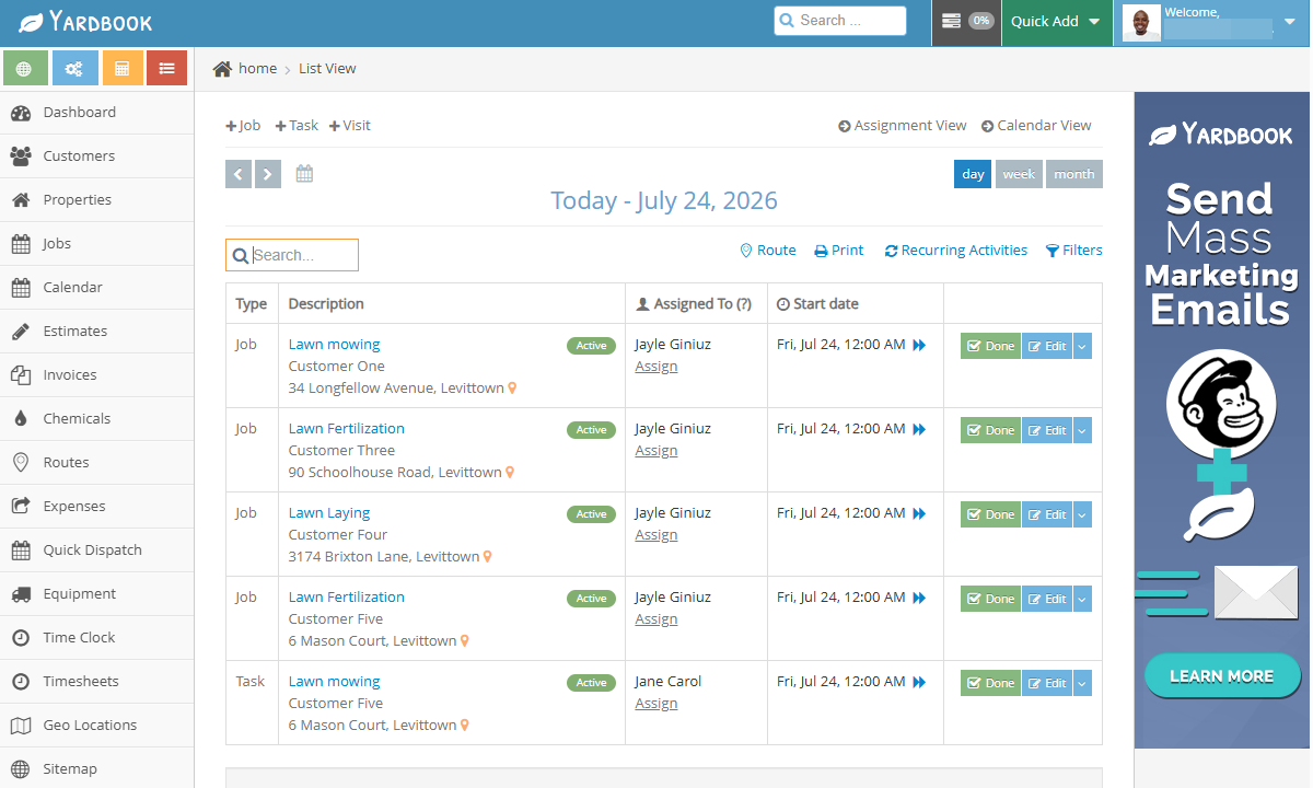 Screenshot showing Yardbooks jobs list view.