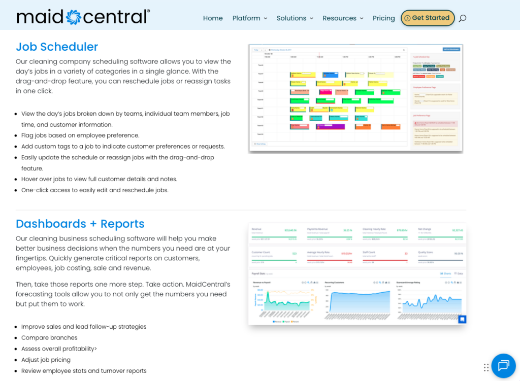 MaidCentral cleaning business software displaying a drag-and-drop job scheduler and business reporting dashboard with analytics and performance metrics.