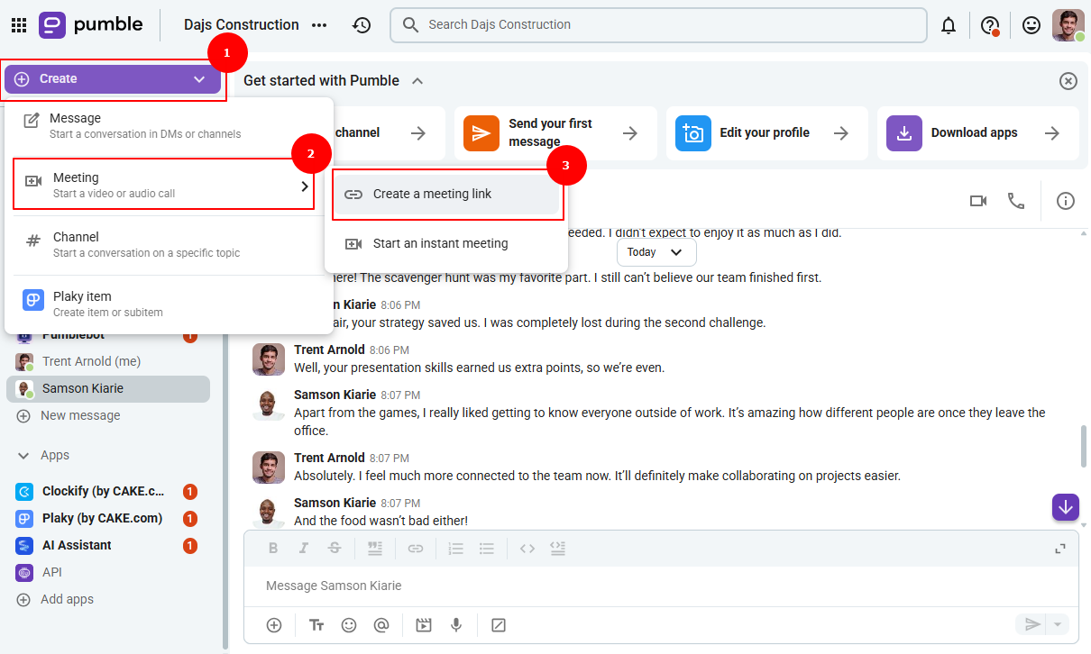 Screenshot showing options to create a meeting link.
