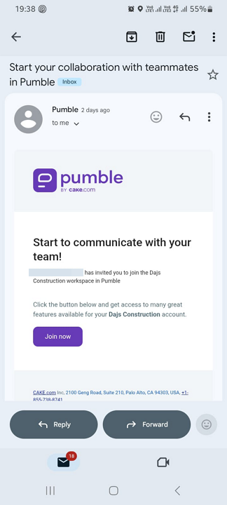 Screenshot showing Pumble&rsquo;s invitation email.