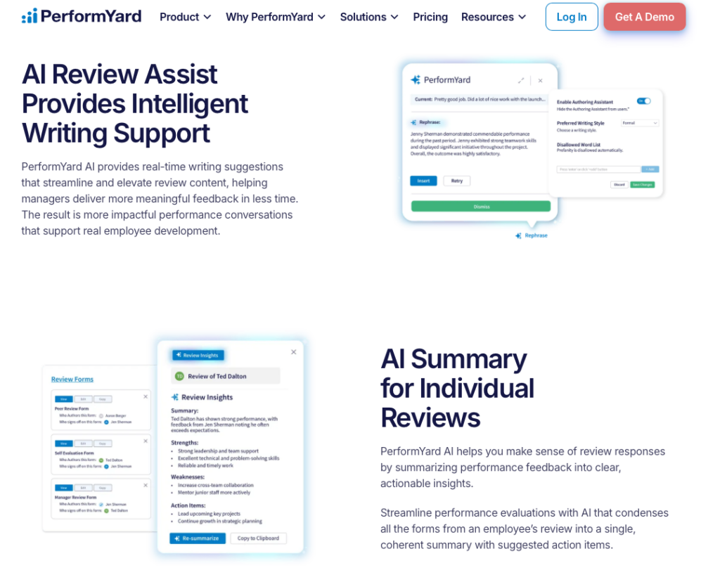 A screenshot of a PerformYard product page showcasing its AI capabilities, specifically illustrating "AI Review Assist" writing support and "AI Summary" features for individual employee reviews.