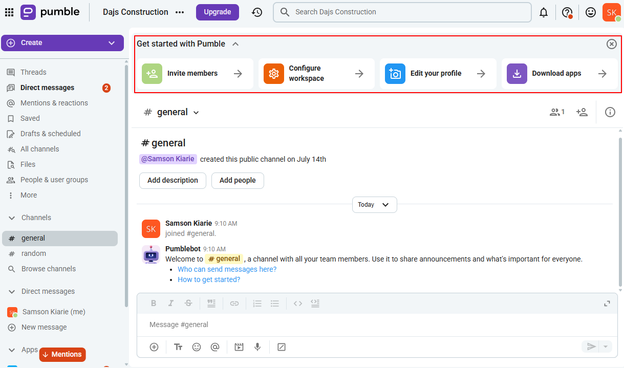 Screenshot showing new Pumble&rsquo;s workspace.