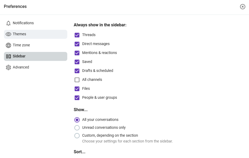 Screenshot showing the sidebar customization options