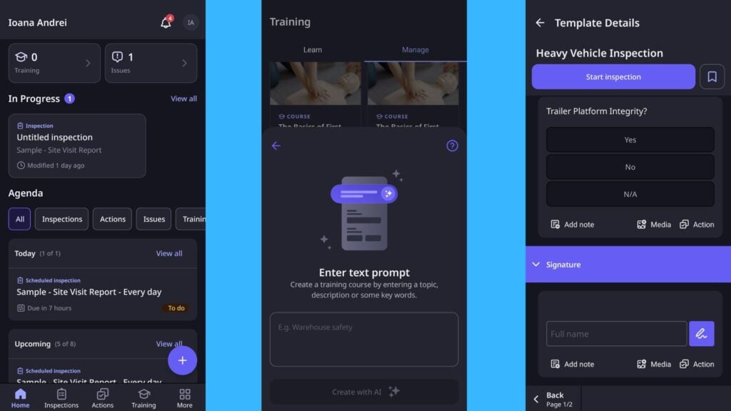 A collage of 3 images merged, with the first image showing SafetyCulture&rsquo;s mobile app homepage, the second image showing SafetyCulture&rsquo;s training course creation feature, and the third image showing SafetyCulture&rsquo;s inspection template editor.