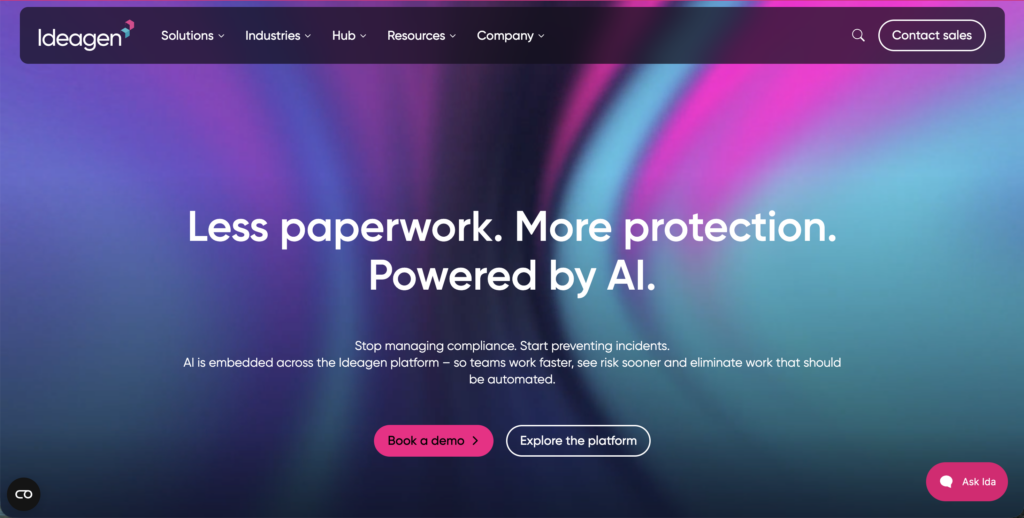 A screenshot of the Ideagen website homepage displaying headline text reading 