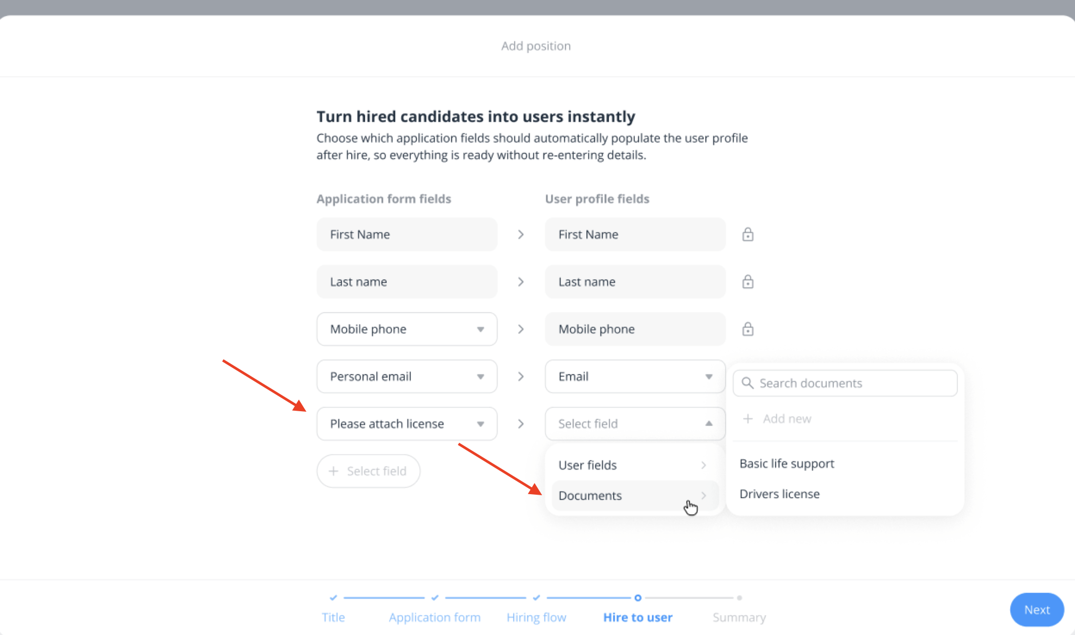Connecteam interface mapping applicant information and uploaded documents to employee profile fields during the hiring process.