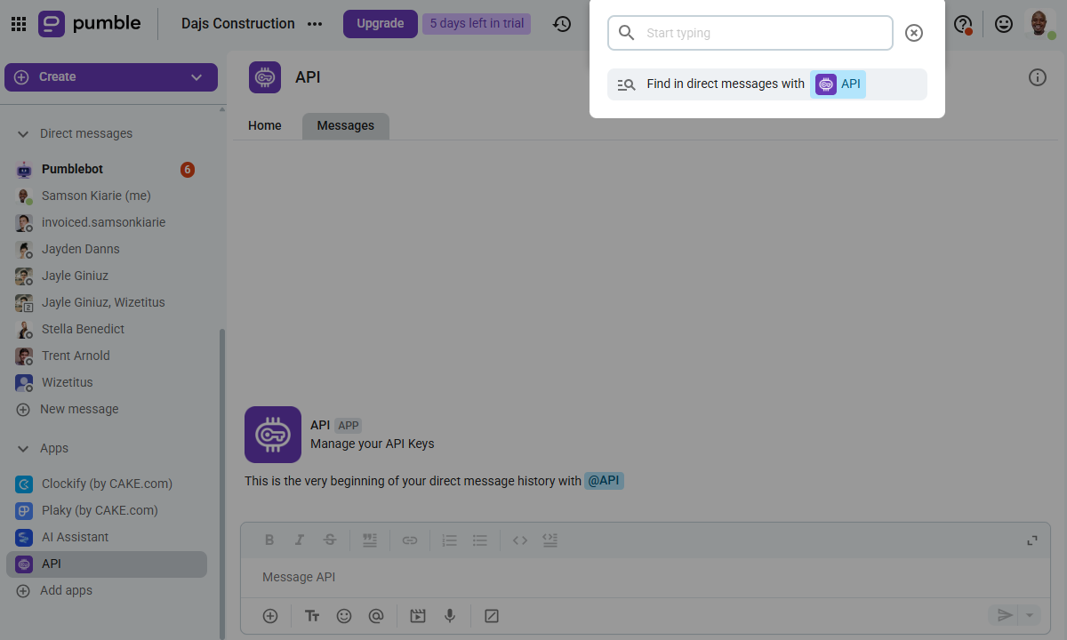 Screenshot showing Pumble search