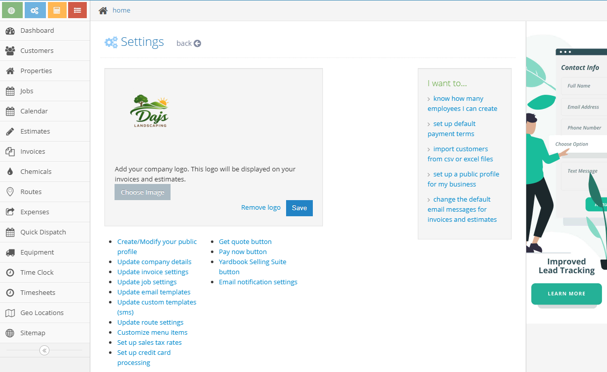 Screenshot showing Yardbook's settings page.