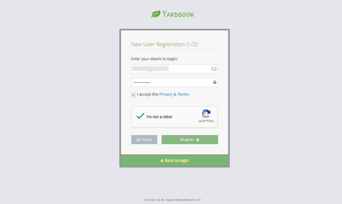 Screenshot showing Yardbook's signup page.