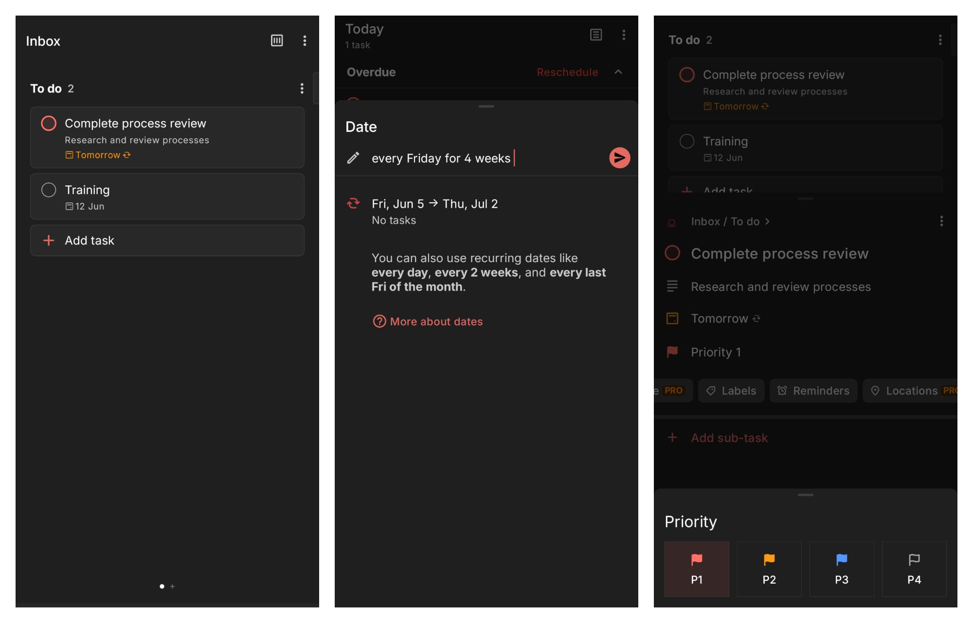 A collage of 3 images merged, with each showing a different aspect of Todoist&rsquo;s mobile app, including the homepage, adding task deadlines, and task details.