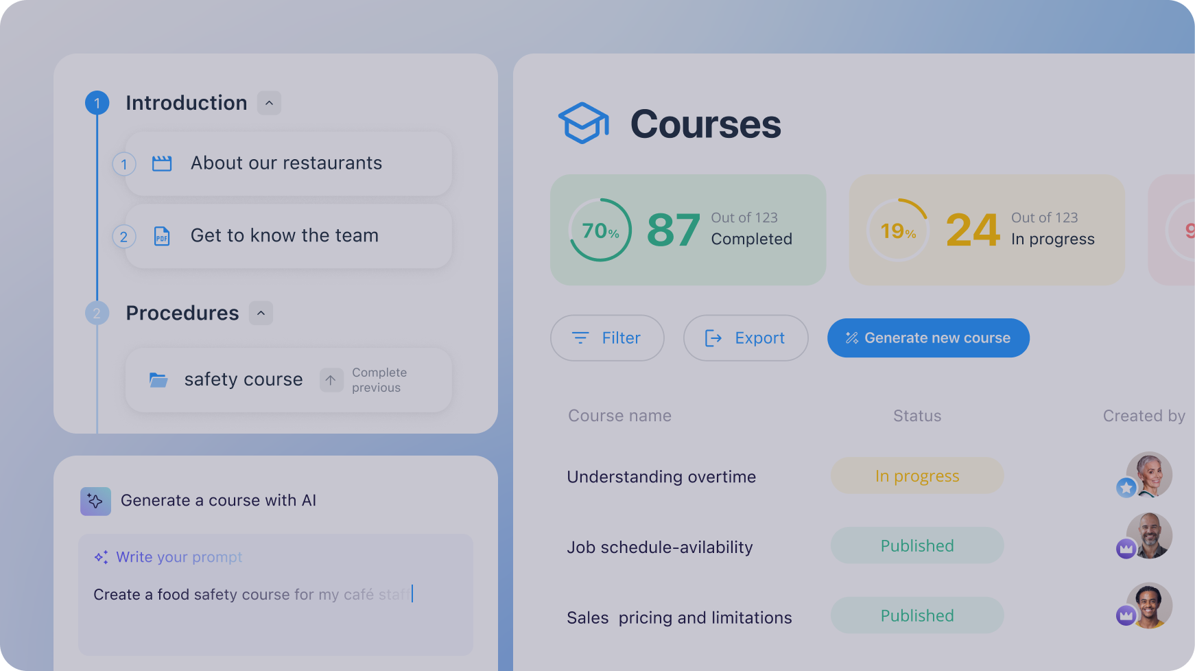 Connecteam courses dashboard showing employee training progress, course modules, and an AI course generation prompt interface.