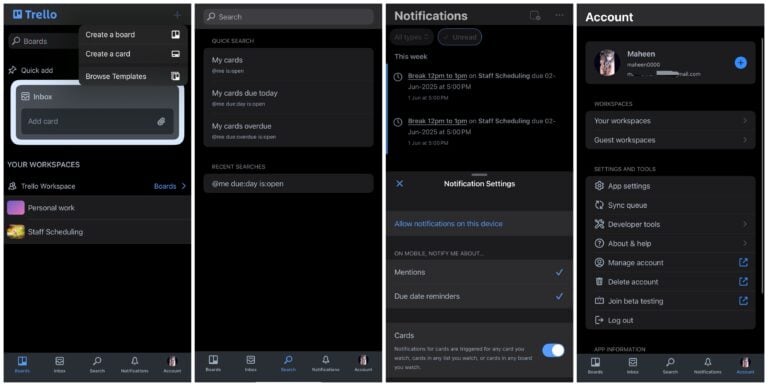 A collage of 4 images merged, with each image showing a different part of the Trello mobile app, including the homepage, search page, notifications settings, and account information.