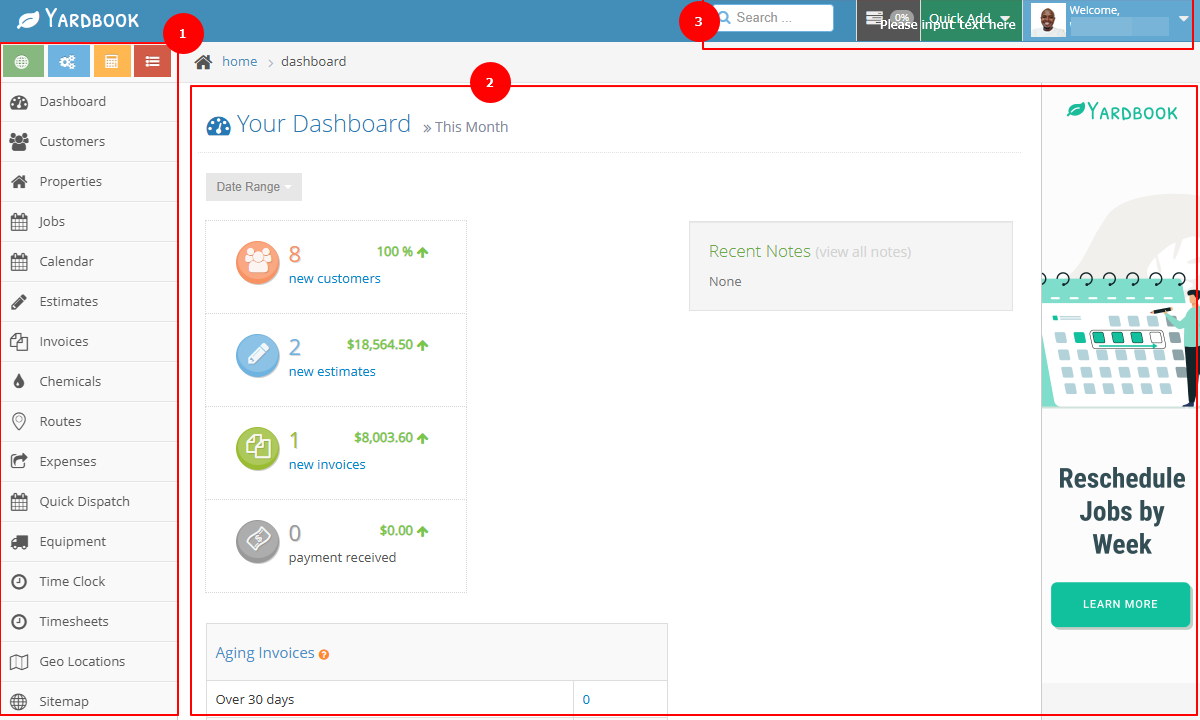 Screenshot showing Yardbook's web app UI.