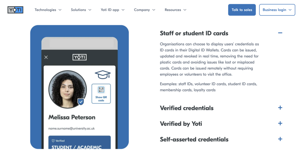 Yoti homepage screenshot
