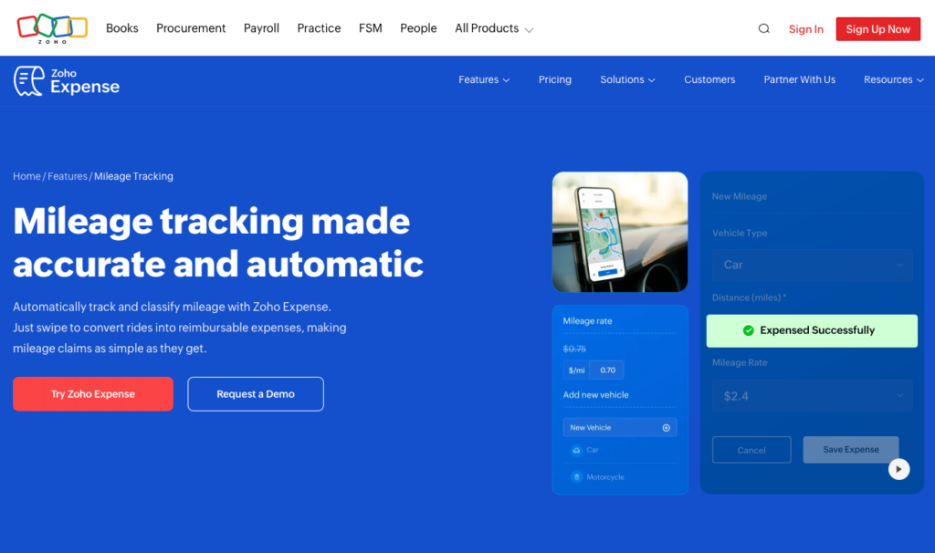 Zoho Expense's mileage tracking makes reimbursements simple.