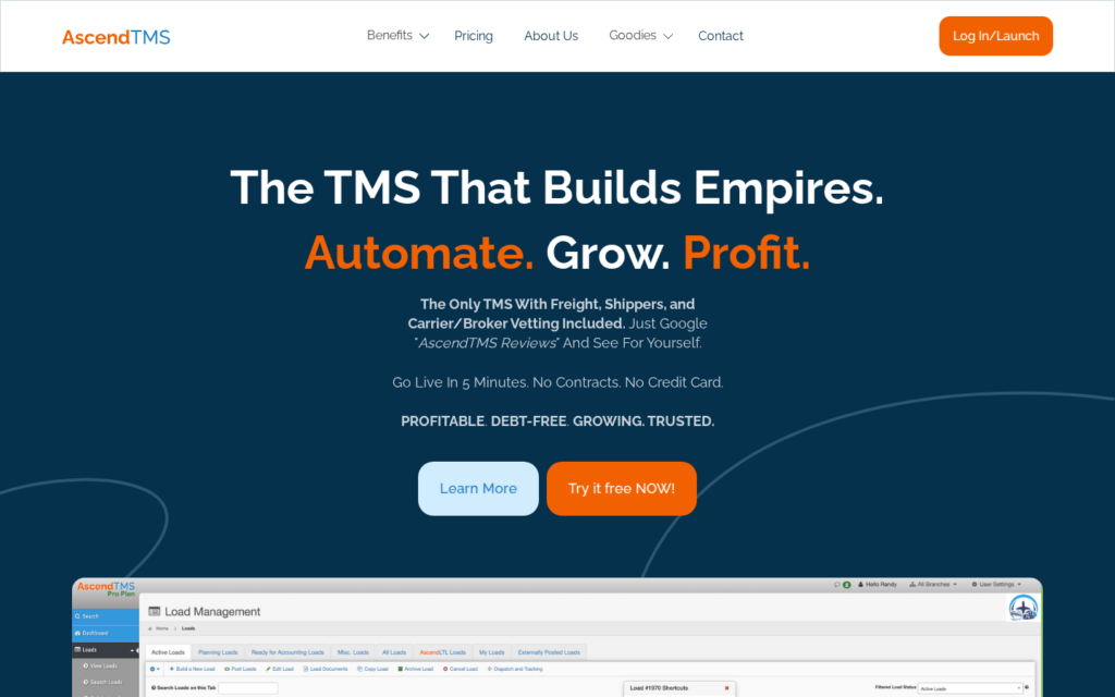 Screenshot of the AscendTMS webpage