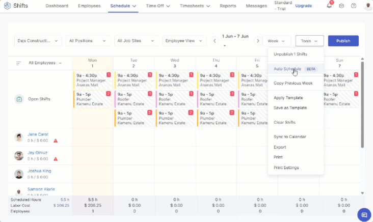 Screengrab showing Zoho Shifts&rsquo; auto-scheduler assigning open shifts based on availability and scheduling constraints.