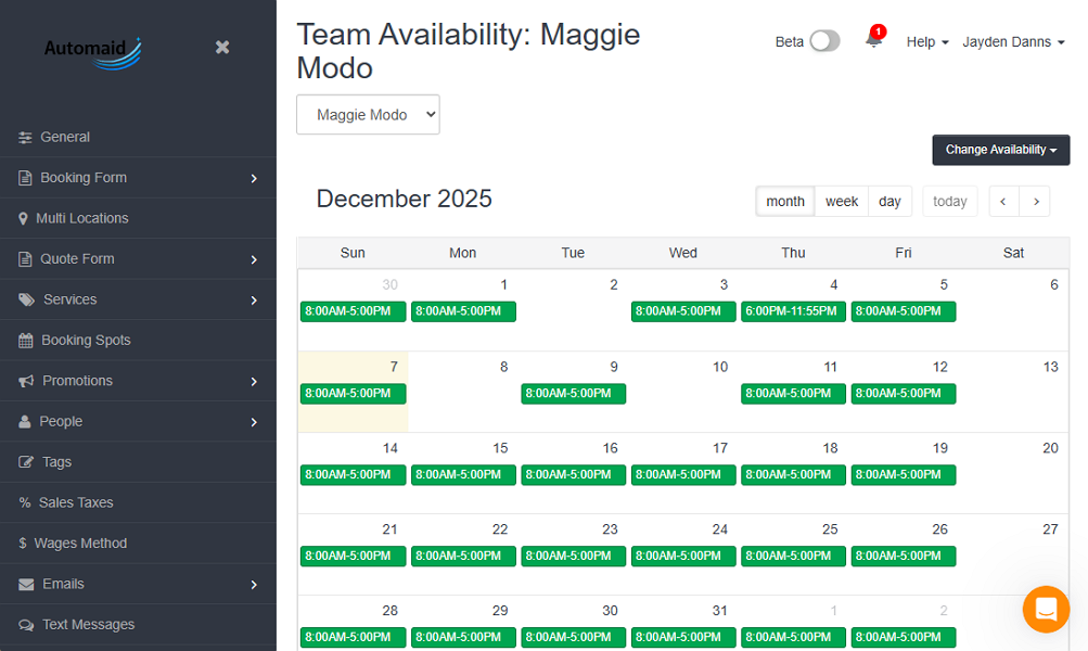 Screenshot showing employee availability on web app.