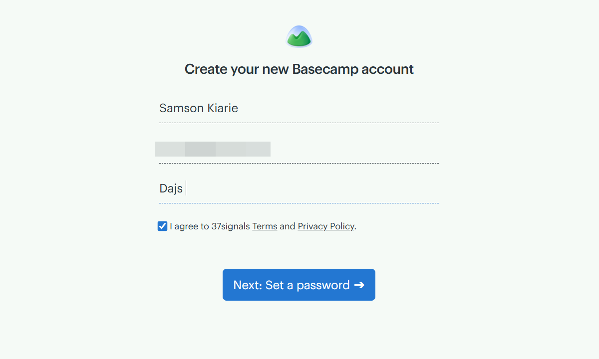 Screenshot showing Basecamp signup page.