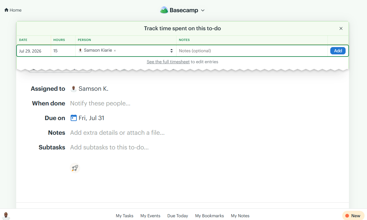 Screenshot showing Basecamp&rsquo;s Timesheet.