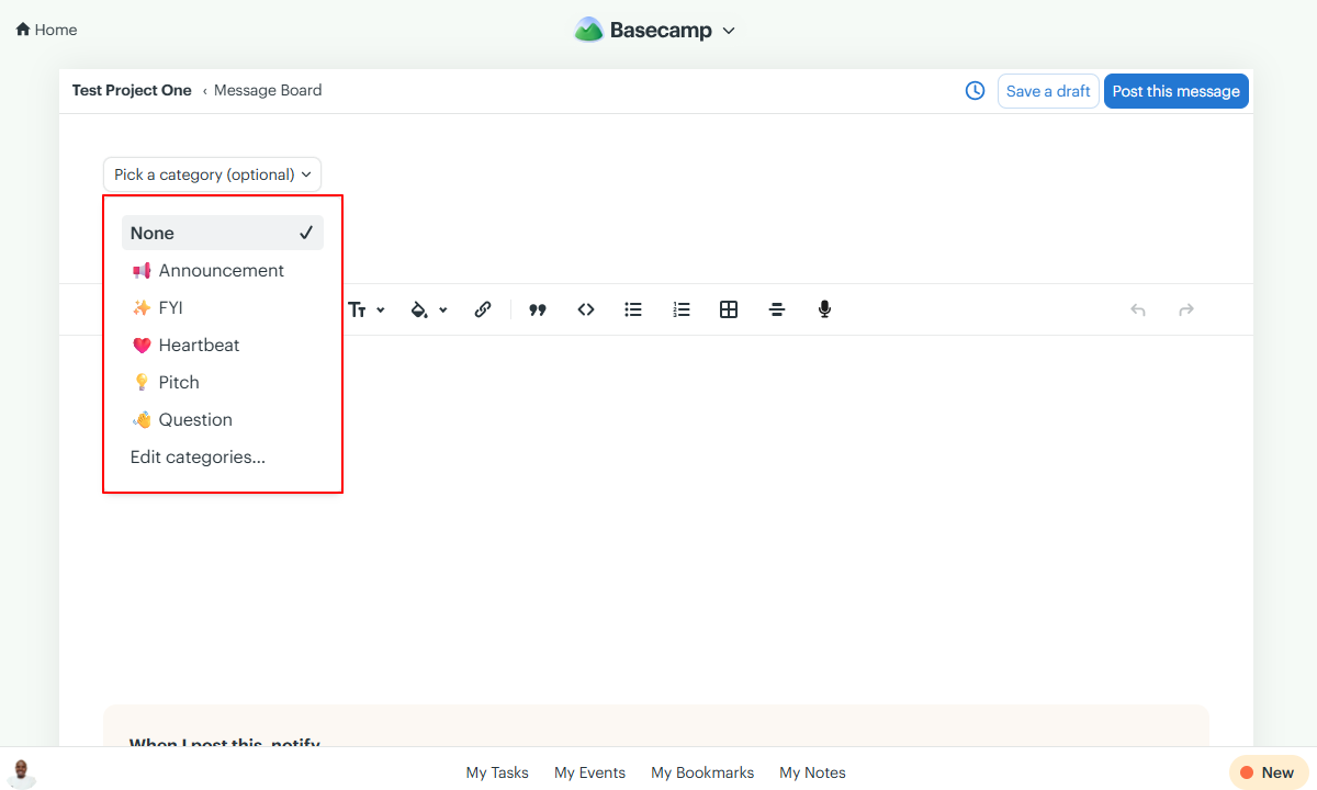 Screenshot showing message categories in Message Board.
