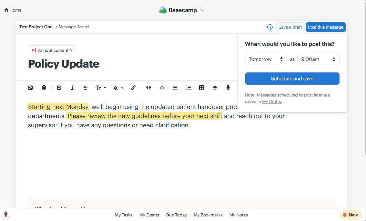 Screenshot showing message scheduling option.