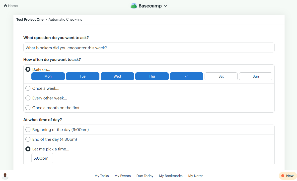 Screenshot showing Basecamp&rsquo;s automatic check-in page.