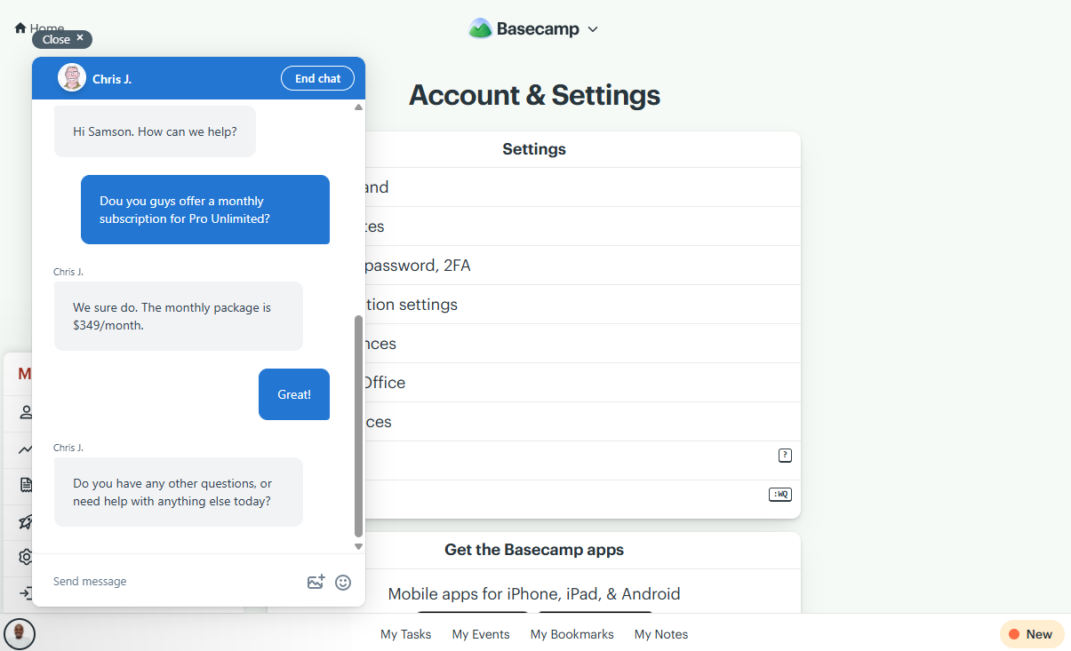Screenshot showing Basecamp&rsquo;s live chat.