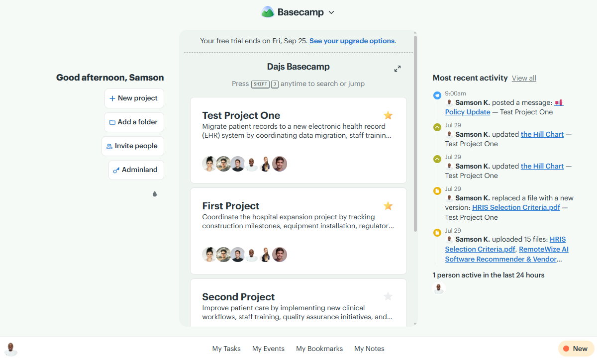Screenshot showing Basecamp 5 web app UI