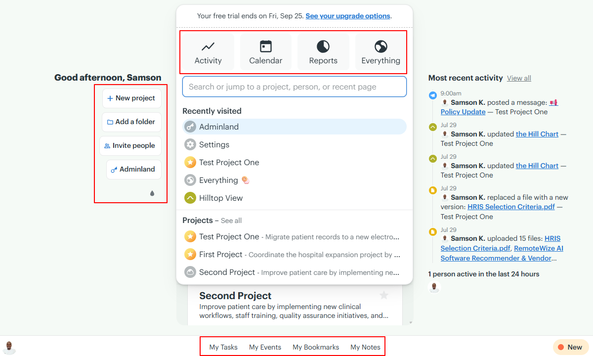 Screenshot showing Basecamp&rsquo;s web app options.