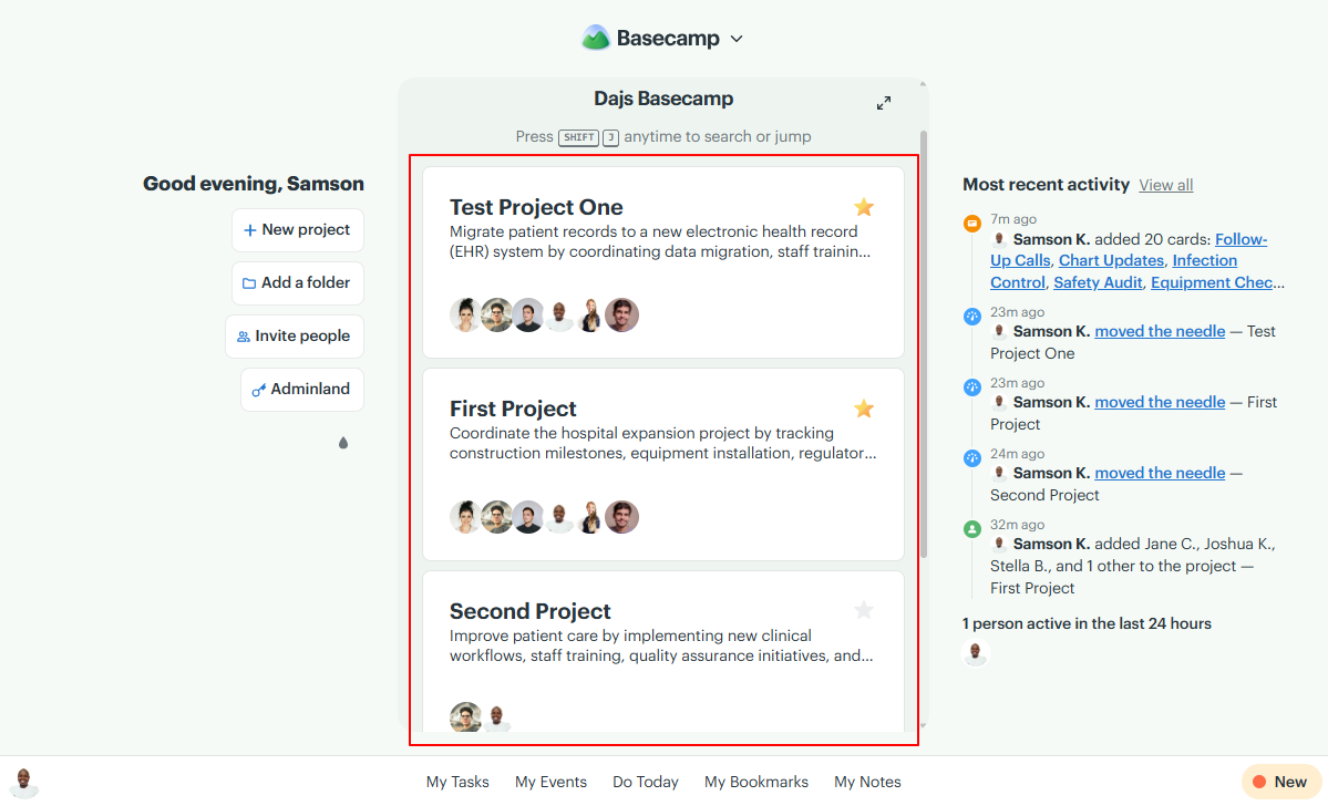 Screenshot showing Basecamp projects.