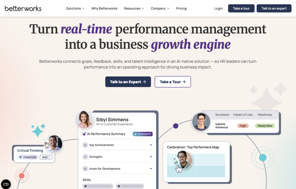 The Betterworks website homepage displaying marketing copy for its performance management platform next to software preview graphics for AI summaries and talent metrics.