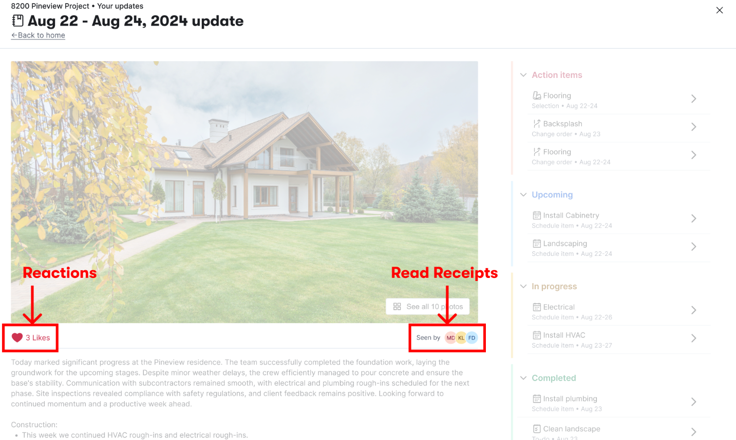 Published Buildertrend client update with a progress photo, reaction control, and client read receipts. The right-side column shows live and upcoming action items.