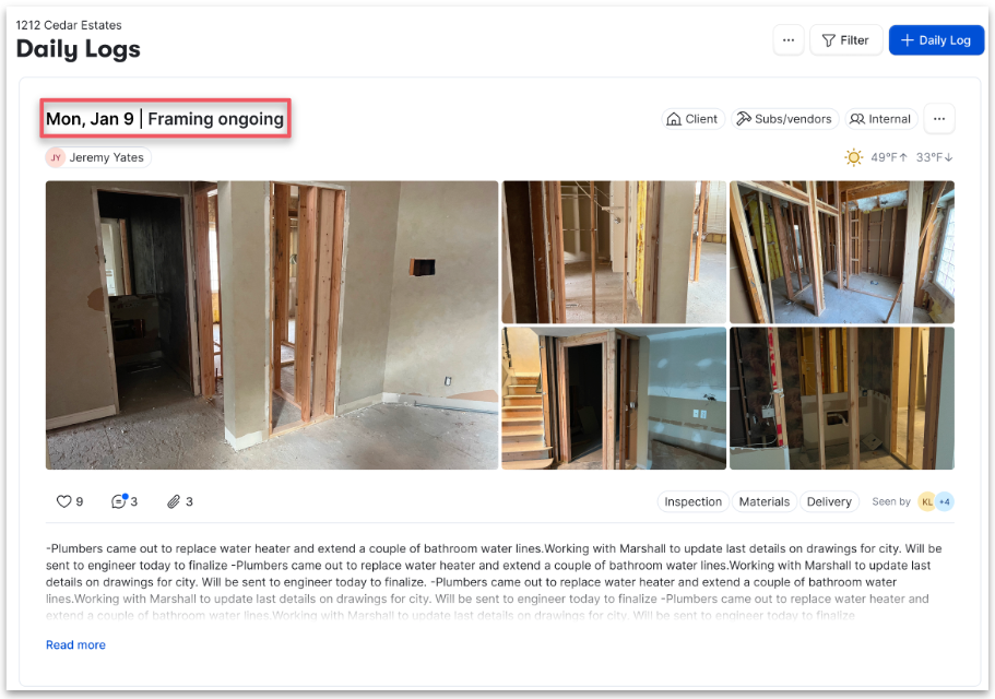 Buildertrend Daily Log with progress photos, job notes, weather information, and visibility controls for clients, subcontractors, and internal users.