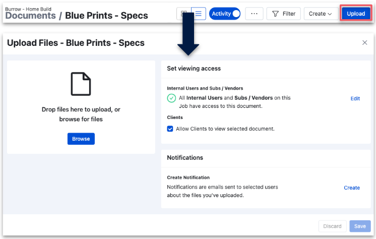 Buildertrend&rsquo;s Upload Files dialog with drag-and-drop upload, internal-user access settings, and a checkbox allowing clients to view the document.