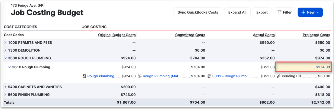 Buildertrend Job Costing Budget card showing projected profit, a 17% projected margin, and a $2,350.08 difference from estimated profit.